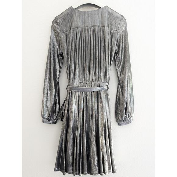 Feleppa Silver Mini Dress IT 38 US XS Tie Waist Metallic Italian Party Cocktail - Picture 3 of 9